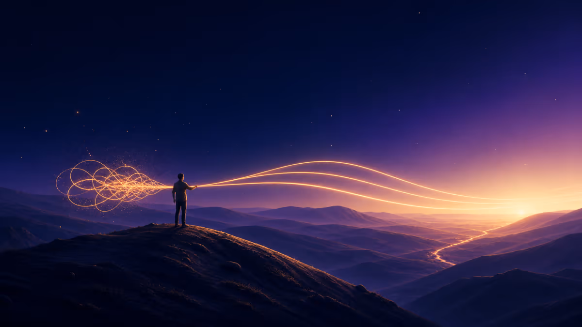 A tangled voice line becoming three clear paths across an indigo landscape