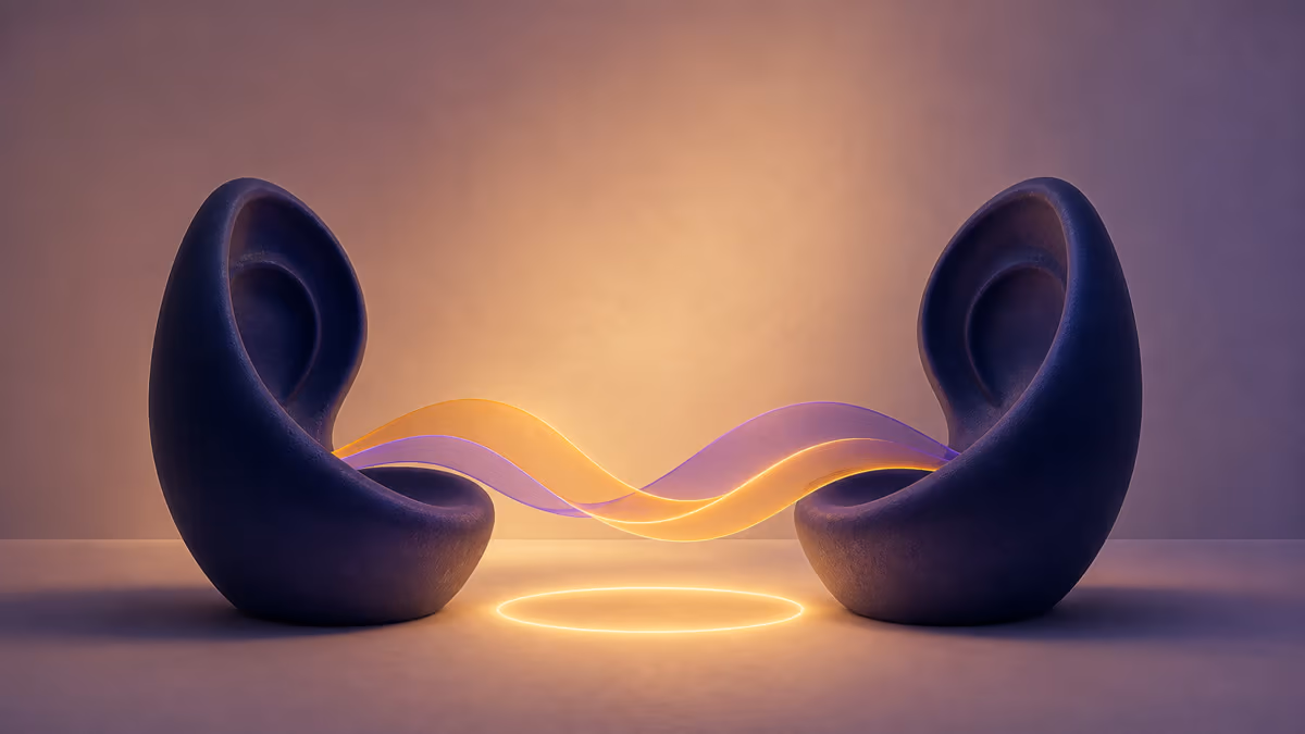 Two sculptural listening forms connected by amber and violet ribbons
