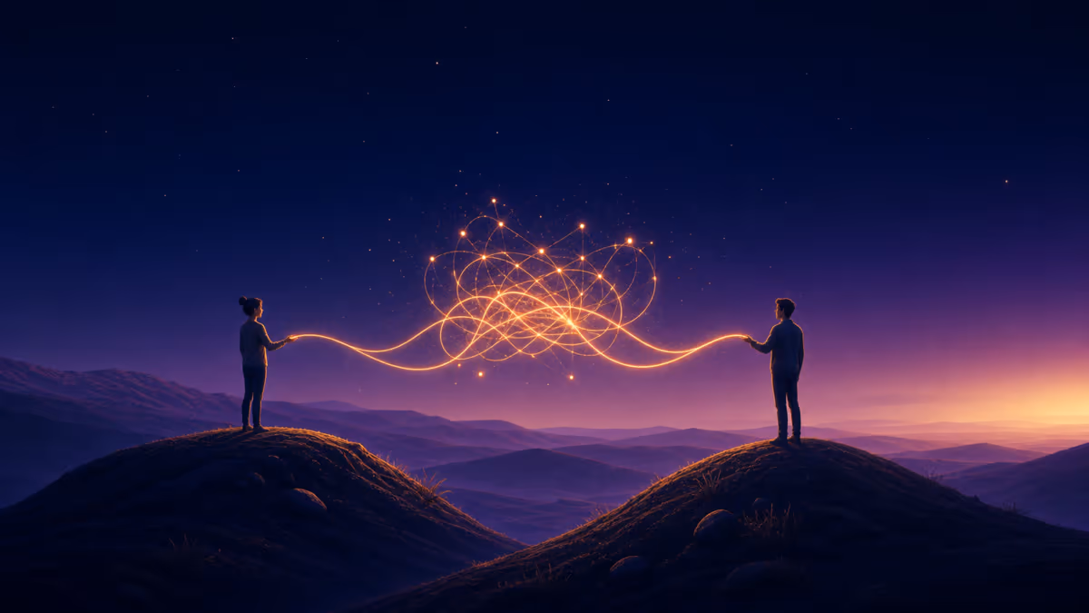 Two people weaving their voice lines into a shared constellation