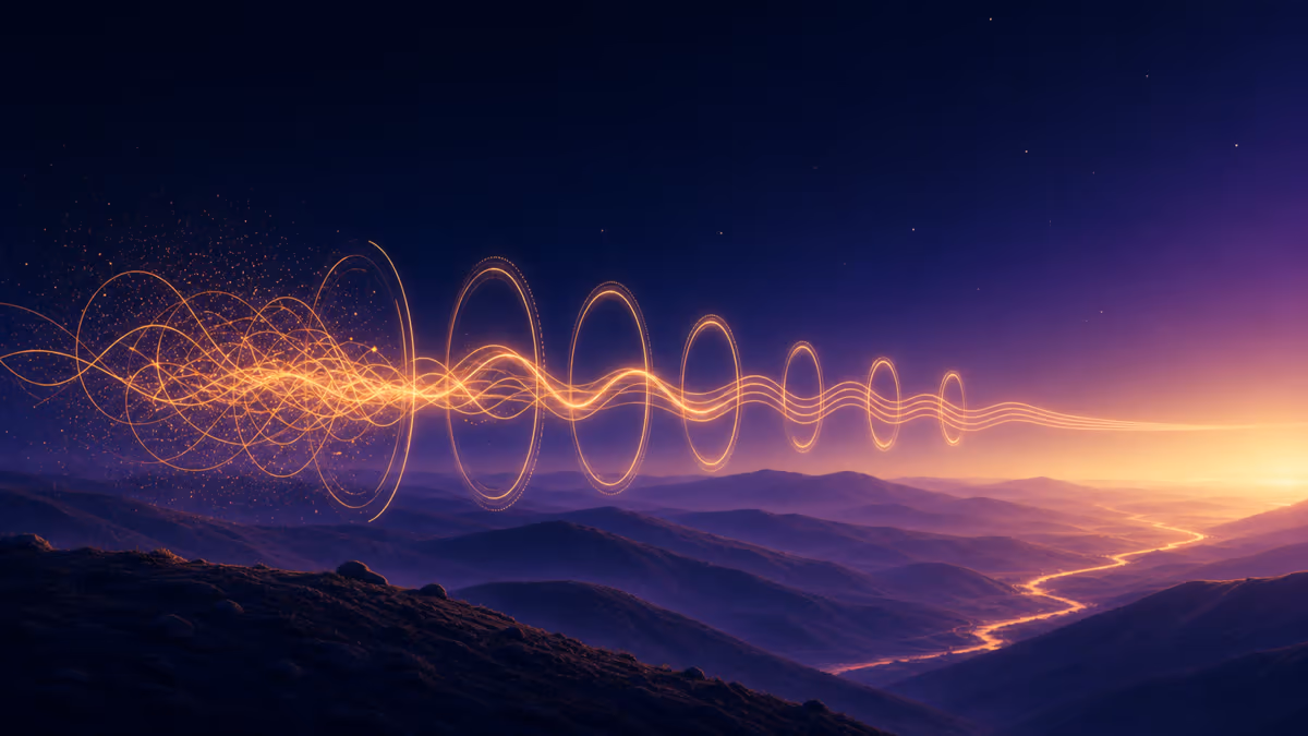 A glowing voice waveform settling into a smooth rhythm across an indigo landscape