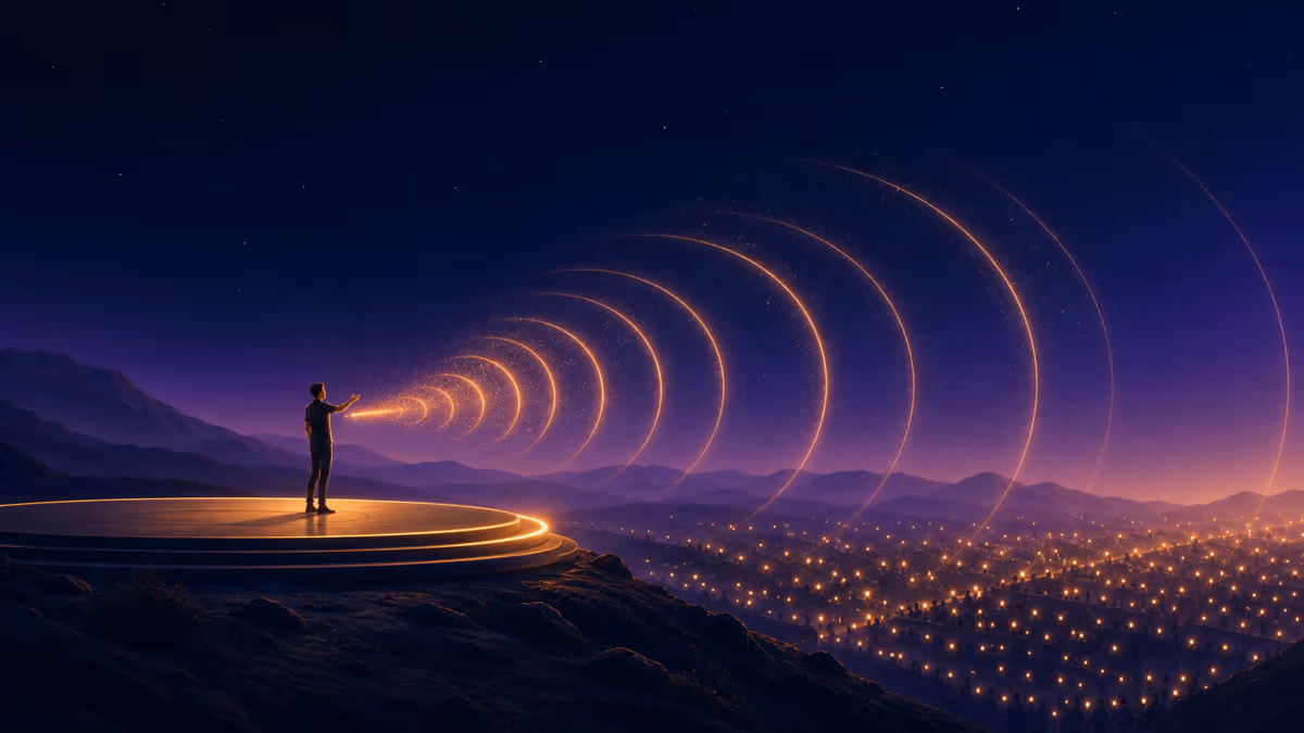 A speaker projecting warm arcs of voice toward an audience
