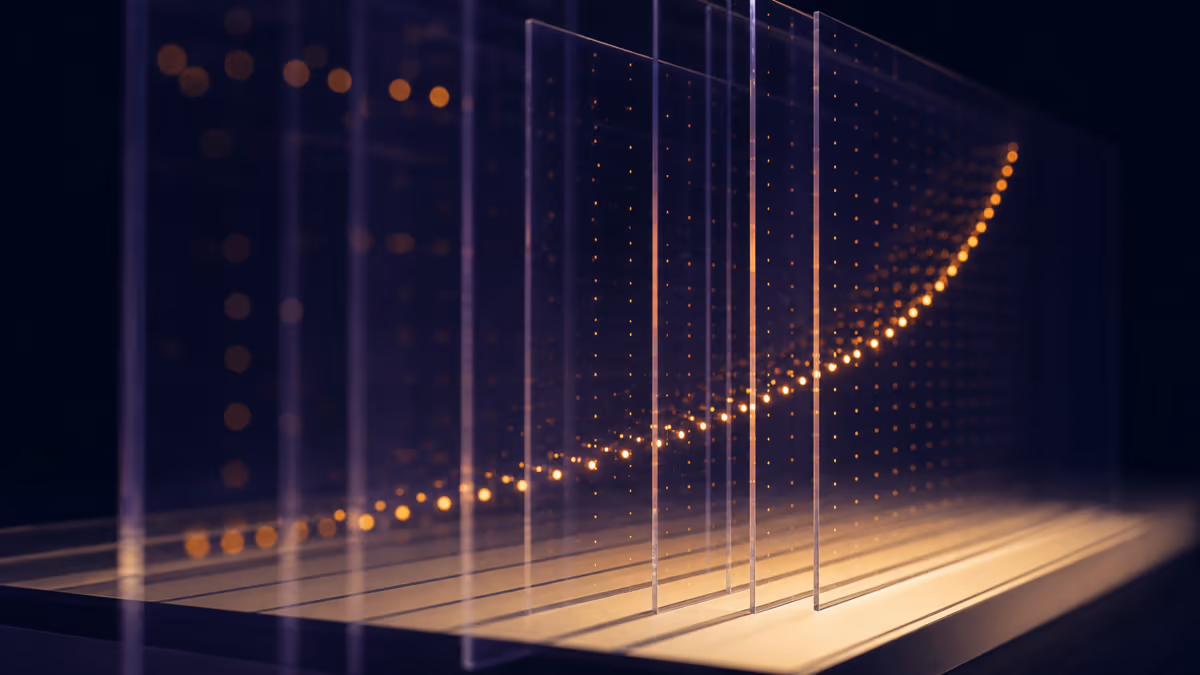 Amber data points aligning through layered indigo glass into a clear curve