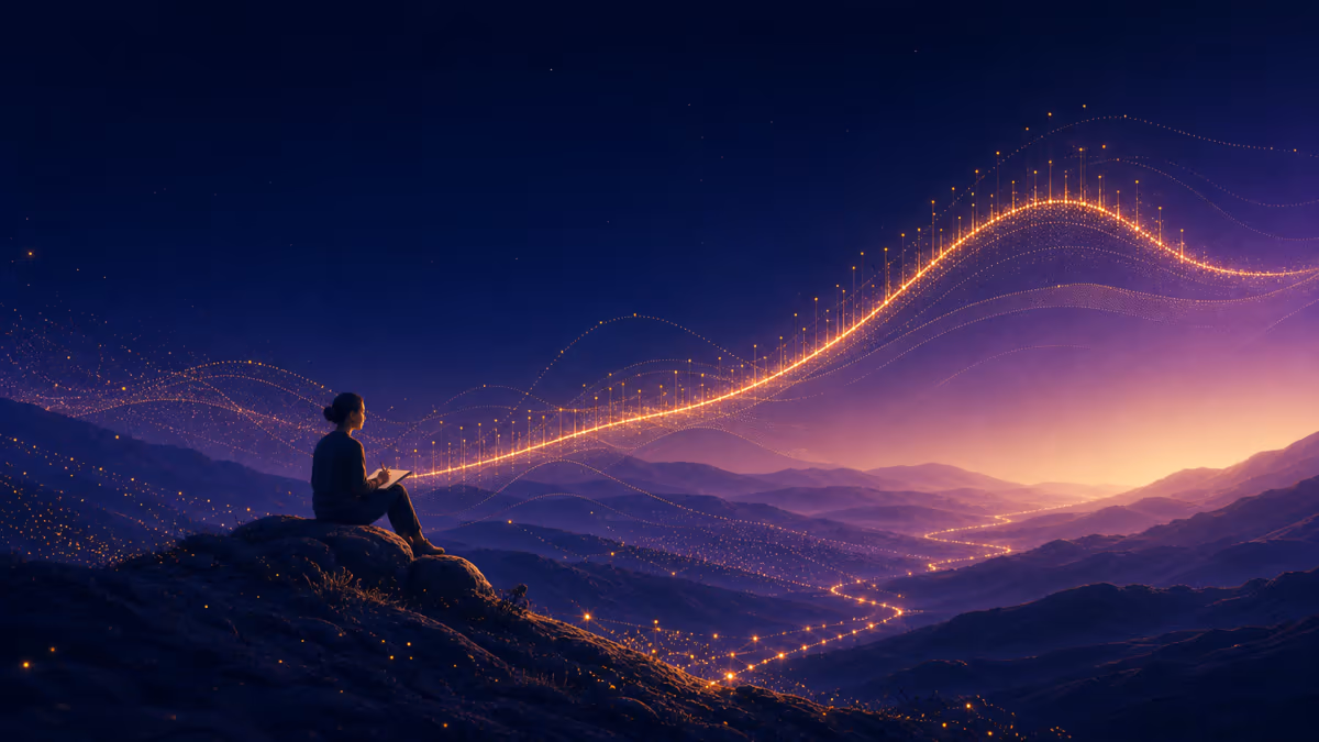 Glowing communication data points rising into an illuminated trend line