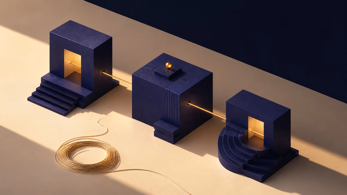 Three indigo architectural forms connected by one precise amber path