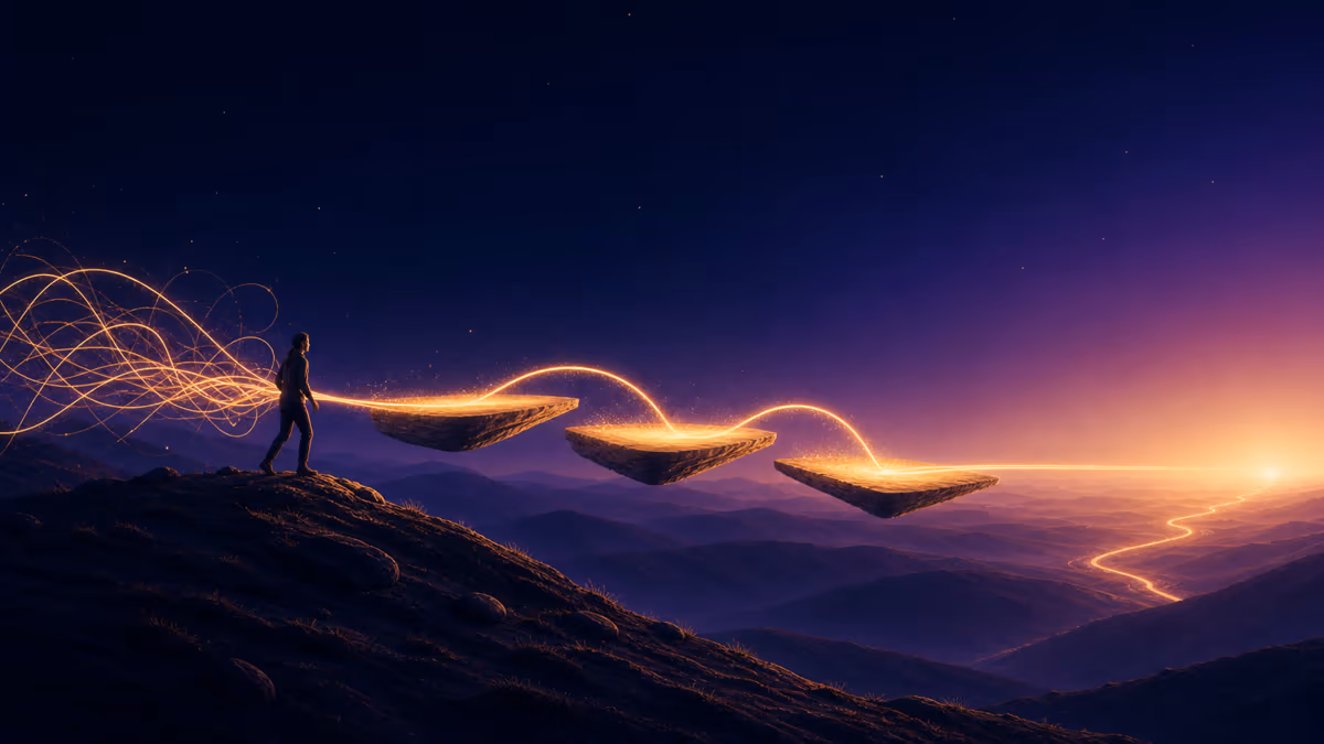 A speaker following three illuminated steps from a tangled thought to a clear path