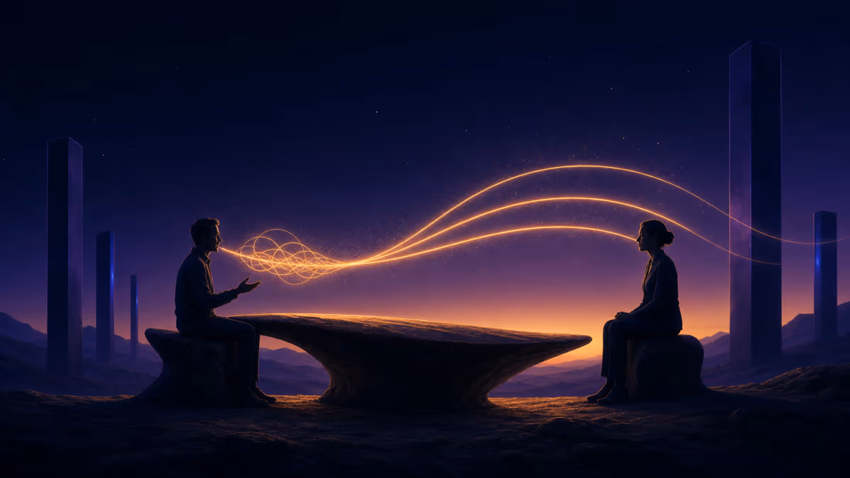 Two professionals connected by three clear arcs of conversation